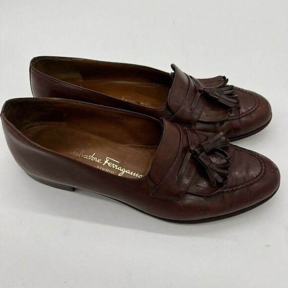 SALVATORE FERRAGAMO Brown Tassel Kiltie Loafer Slip on DRESS SHOES 7 1/2 D Italy - Picture 1 of 9